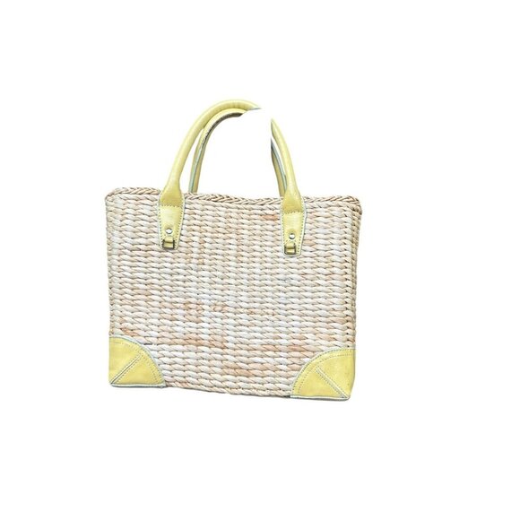 Ann Taylor Wicker and Yellow Leather Open Tote Bag Beach Summer - Picture 1 of 13